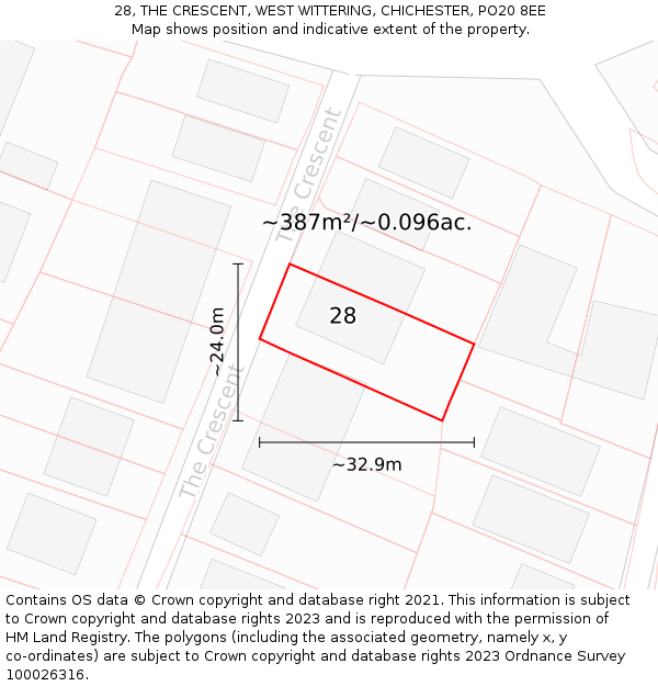 28, THE CRESCENT, WEST WITTERING, CHICHESTER, PO20 8EE: Plot and title map