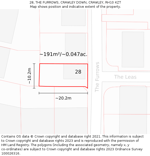 28, THE FURROWS, CRAWLEY DOWN, CRAWLEY, RH10 4ZT: Plot and title map