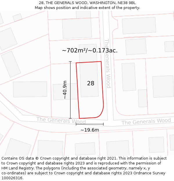 28, THE GENERALS WOOD, WASHINGTON, NE38 9BL: Plot and title map