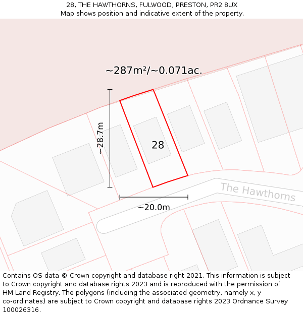28, THE HAWTHORNS, FULWOOD, PRESTON, PR2 8UX: Plot and title map