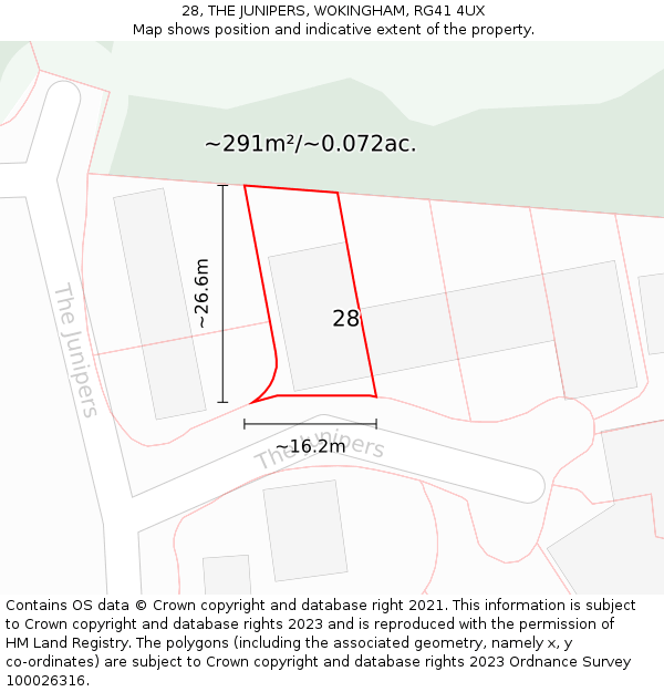 28, THE JUNIPERS, WOKINGHAM, RG41 4UX: Plot and title map