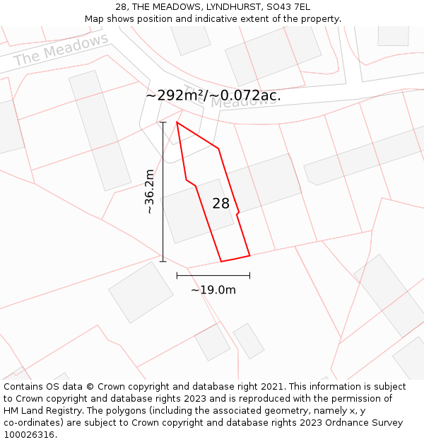 28, THE MEADOWS, LYNDHURST, SO43 7EL: Plot and title map