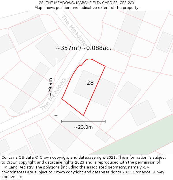 28, THE MEADOWS, MARSHFIELD, CARDIFF, CF3 2AY: Plot and title map