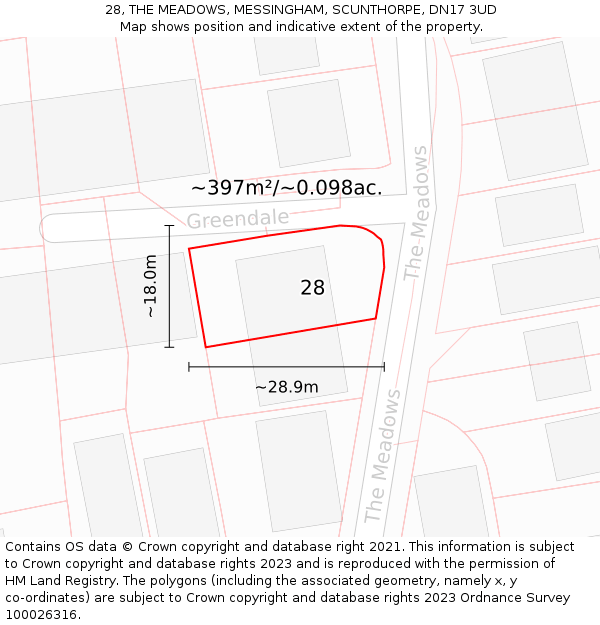 28, THE MEADOWS, MESSINGHAM, SCUNTHORPE, DN17 3UD: Plot and title map