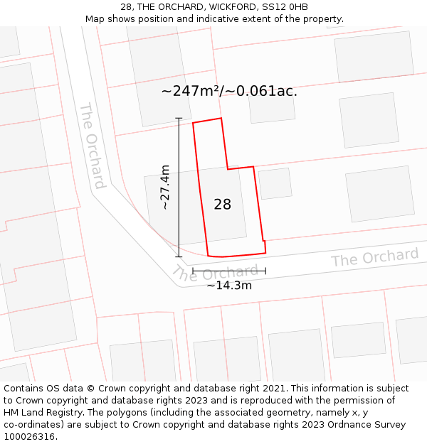 28, THE ORCHARD, WICKFORD, SS12 0HB: Plot and title map