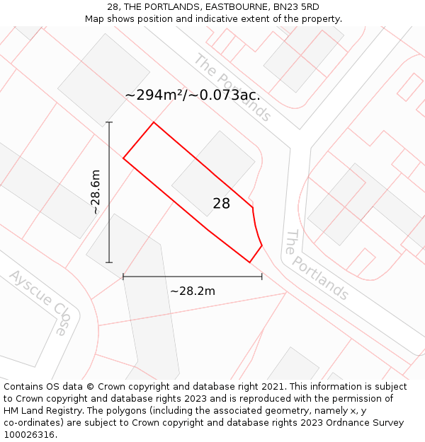 28, THE PORTLANDS, EASTBOURNE, BN23 5RD: Plot and title map