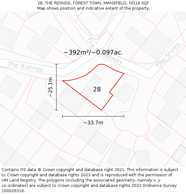 28, THE RIDINGS, FOREST TOWN, MANSFIELD, NG19 0QF: Plot and title map