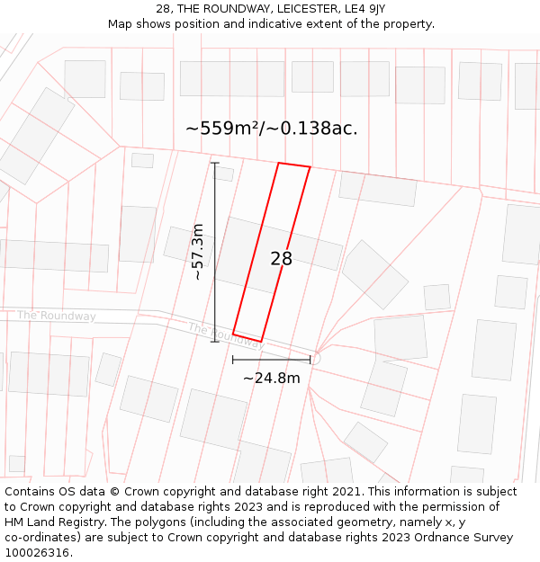 28, THE ROUNDWAY, LEICESTER, LE4 9JY: Plot and title map