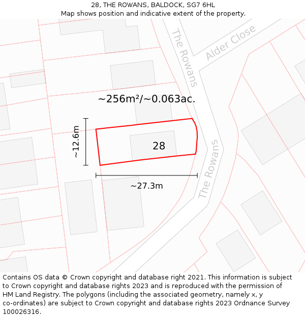 28, THE ROWANS, BALDOCK, SG7 6HL: Plot and title map