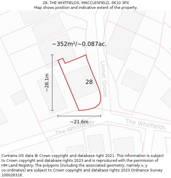 28, THE WHITFIELDS, MACCLESFIELD, SK10 3PX: Plot and title map