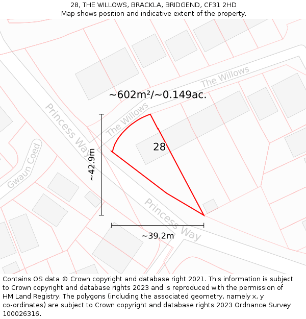 28, THE WILLOWS, BRACKLA, BRIDGEND, CF31 2HD: Plot and title map