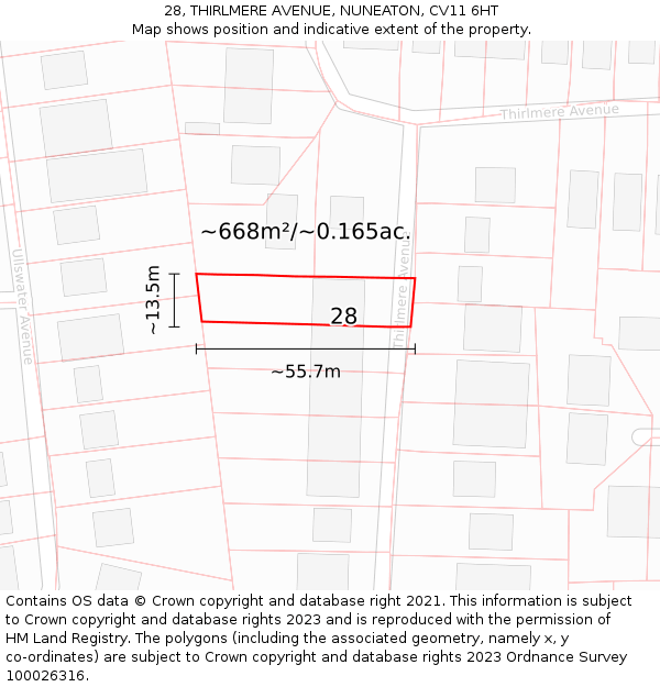 28, THIRLMERE AVENUE, NUNEATON, CV11 6HT: Plot and title map