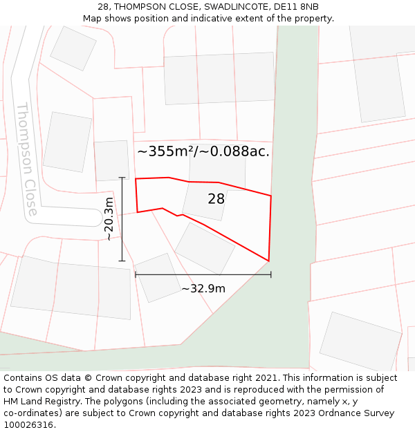 28, THOMPSON CLOSE, SWADLINCOTE, DE11 8NB: Plot and title map