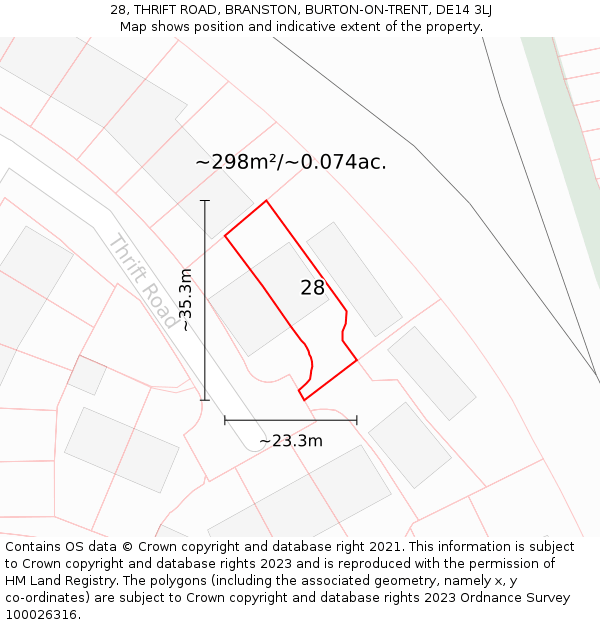 28, THRIFT ROAD, BRANSTON, BURTON-ON-TRENT, DE14 3LJ: Plot and title map