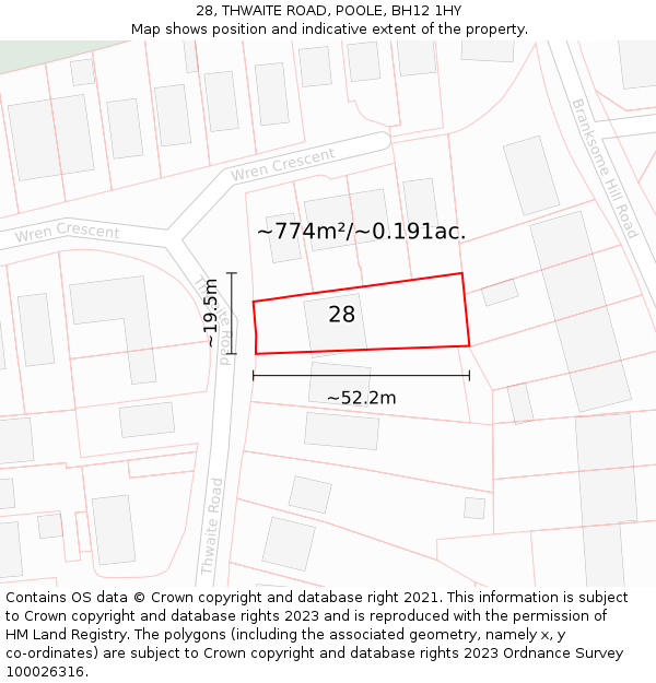28, THWAITE ROAD, POOLE, BH12 1HY: Plot and title map