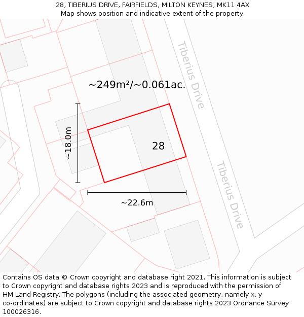 28, TIBERIUS DRIVE, FAIRFIELDS, MILTON KEYNES, MK11 4AX: Plot and title map