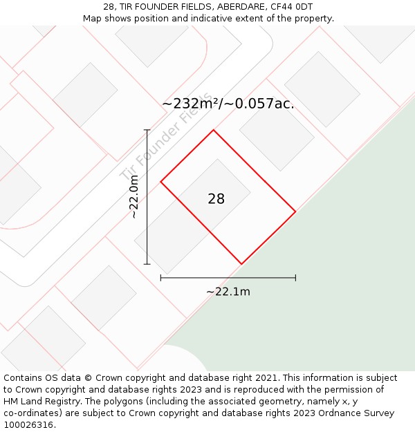 28, TIR FOUNDER FIELDS, ABERDARE, CF44 0DT: Plot and title map