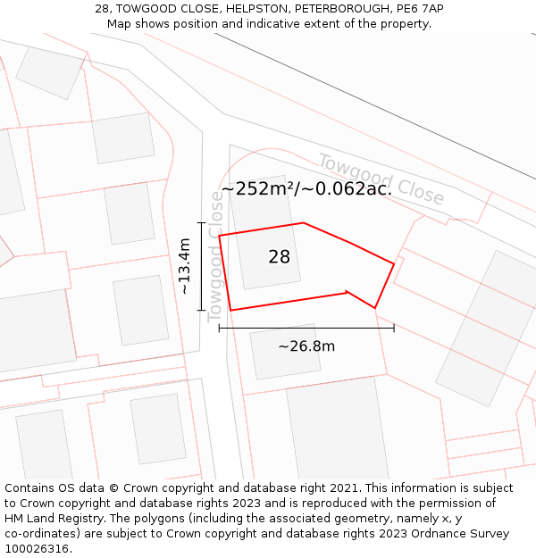 28, TOWGOOD CLOSE, HELPSTON, PETERBOROUGH, PE6 7AP: Plot and title map