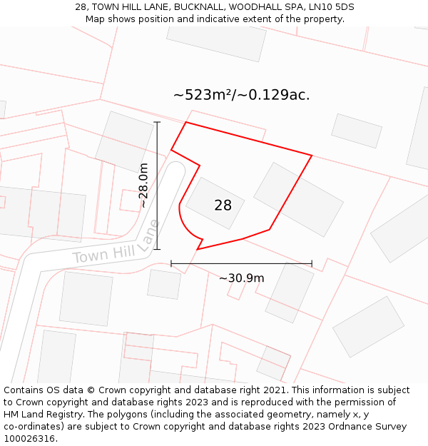 28, TOWN HILL LANE, BUCKNALL, WOODHALL SPA, LN10 5DS: Plot and title map