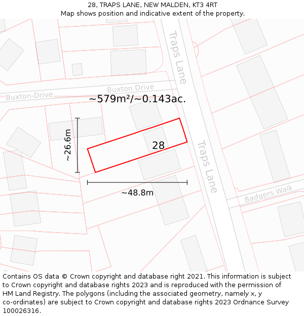 28, TRAPS LANE, NEW MALDEN, KT3 4RT: Plot and title map