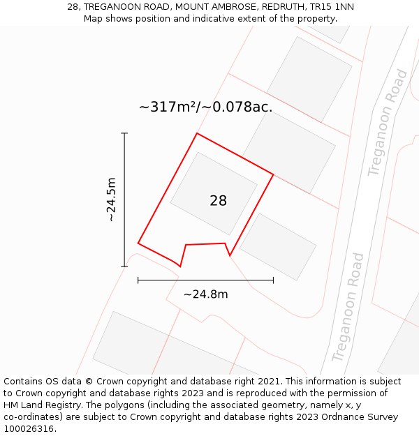 28, TREGANOON ROAD, MOUNT AMBROSE, REDRUTH, TR15 1NN: Plot and title map