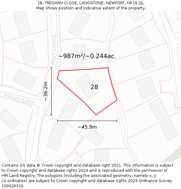 28, TREGARN CLOSE, LANGSTONE, NEWPORT, NP18 2JL: Plot and title map