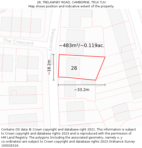 28, TRELAWNEY ROAD, CAMBORNE, TR14 7LN: Plot and title map