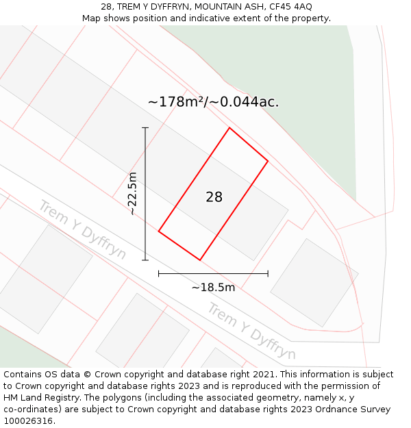 28, TREM Y DYFFRYN, MOUNTAIN ASH, CF45 4AQ: Plot and title map