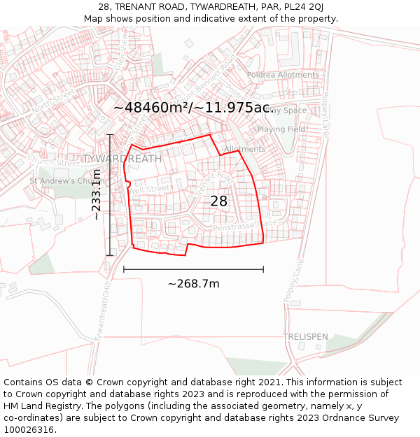 28, TRENANT ROAD, TYWARDREATH, PAR, PL24 2QJ: Plot and title map