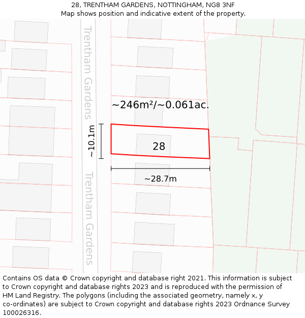 28, TRENTHAM GARDENS, NOTTINGHAM, NG8 3NF: Plot and title map