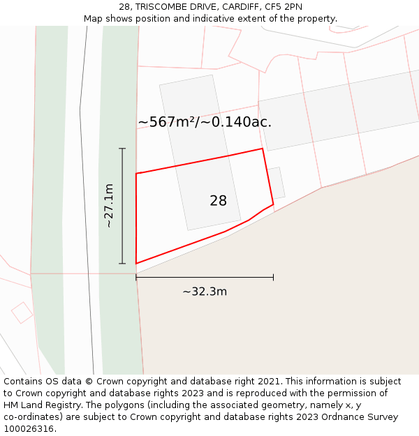28, TRISCOMBE DRIVE, CARDIFF, CF5 2PN: Plot and title map