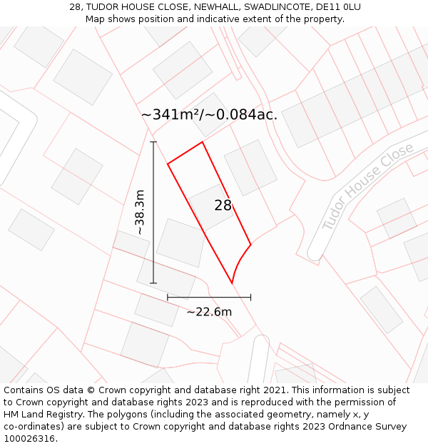 28, TUDOR HOUSE CLOSE, NEWHALL, SWADLINCOTE, DE11 0LU: Plot and title map