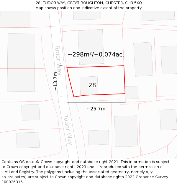 28, TUDOR WAY, GREAT BOUGHTON, CHESTER, CH3 5XQ: Plot and title map