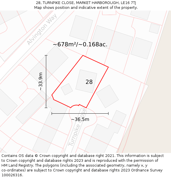 28, TURNPIKE CLOSE, MARKET HARBOROUGH, LE16 7TJ: Plot and title map