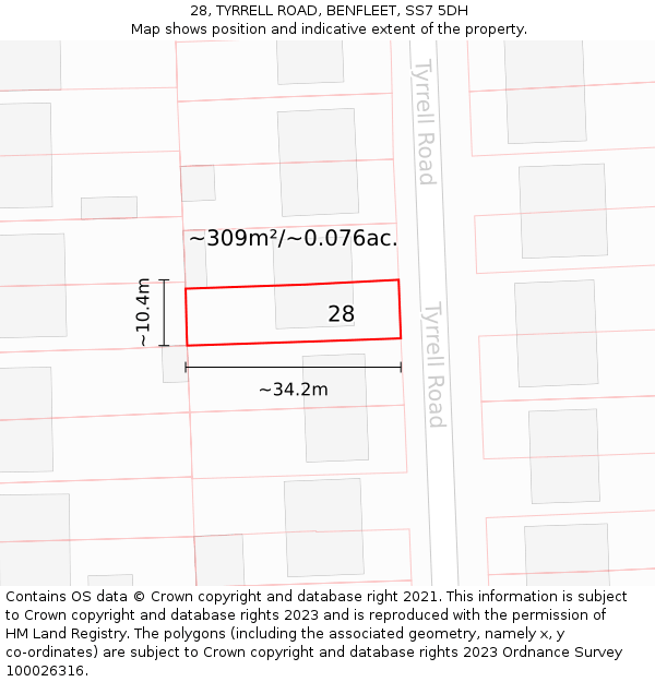 28, TYRRELL ROAD, BENFLEET, SS7 5DH: Plot and title map