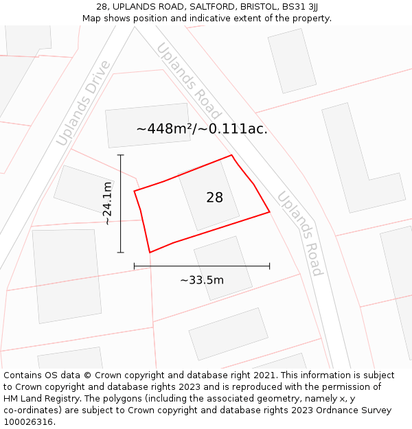 28, UPLANDS ROAD, SALTFORD, BRISTOL, BS31 3JJ: Plot and title map