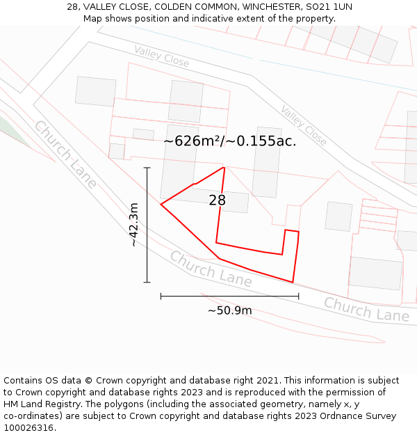 28, VALLEY CLOSE, COLDEN COMMON, WINCHESTER, SO21 1UN: Plot and title map