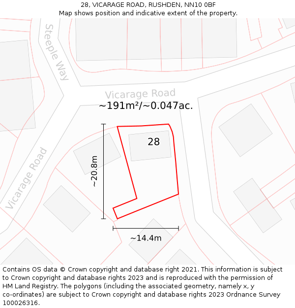 28, VICARAGE ROAD, RUSHDEN, NN10 0BF: Plot and title map
