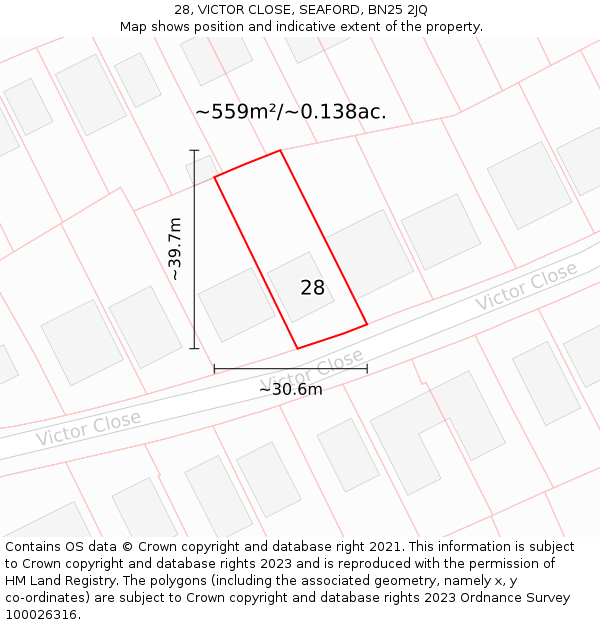 28, VICTOR CLOSE, SEAFORD, BN25 2JQ: Plot and title map