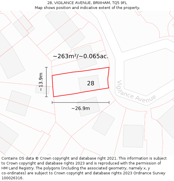 28, VIGILANCE AVENUE, BRIXHAM, TQ5 9FL: Plot and title map