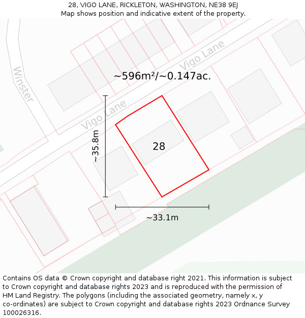 28, VIGO LANE, RICKLETON, WASHINGTON, NE38 9EJ: Plot and title map