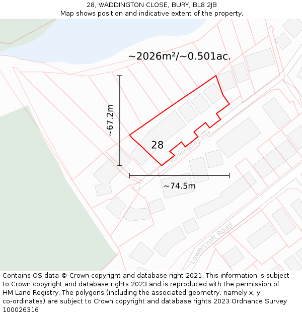 28, WADDINGTON CLOSE, BURY, BL8 2JB: Plot and title map