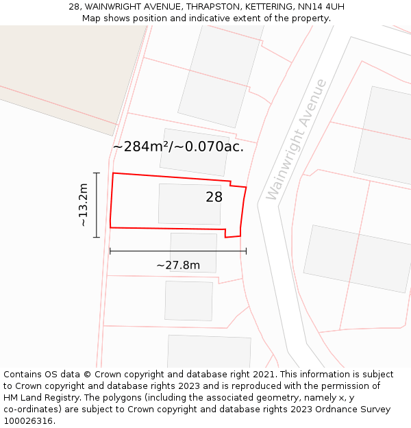 28, WAINWRIGHT AVENUE, THRAPSTON, KETTERING, NN14 4UH: Plot and title map