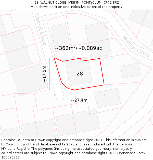 28, WALNUT CLOSE, MISKIN, PONTYCLUN, CF72 8RZ: Plot and title map