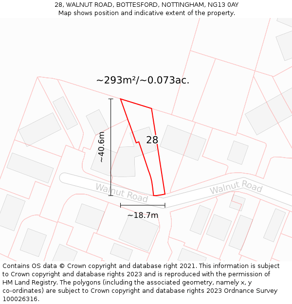 28, WALNUT ROAD, BOTTESFORD, NOTTINGHAM, NG13 0AY: Plot and title map