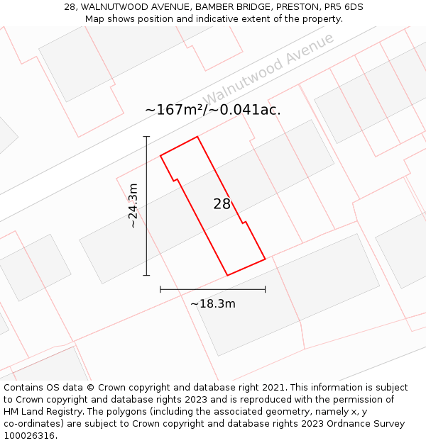28, WALNUTWOOD AVENUE, BAMBER BRIDGE, PRESTON, PR5 6DS: Plot and title map