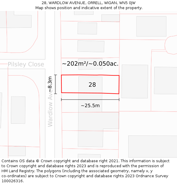 28, WARDLOW AVENUE, ORRELL, WIGAN, WN5 0JW: Plot and title map