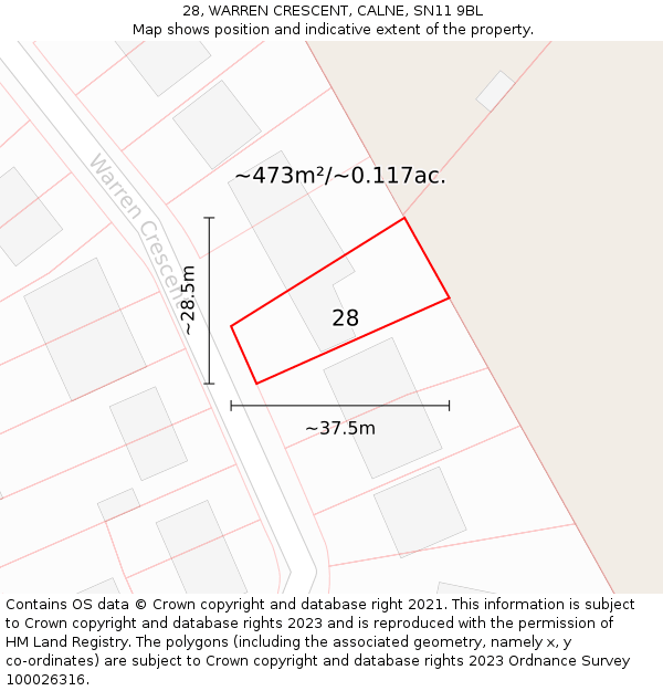 28, WARREN CRESCENT, CALNE, SN11 9BL: Plot and title map
