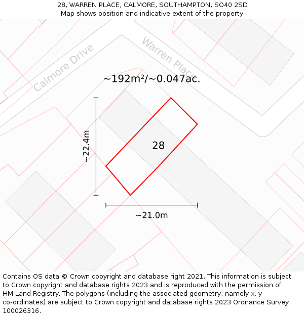 28, WARREN PLACE, CALMORE, SOUTHAMPTON, SO40 2SD: Plot and title map