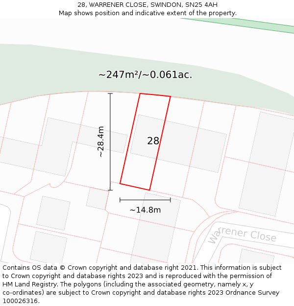 28, WARRENER CLOSE, SWINDON, SN25 4AH: Plot and title map